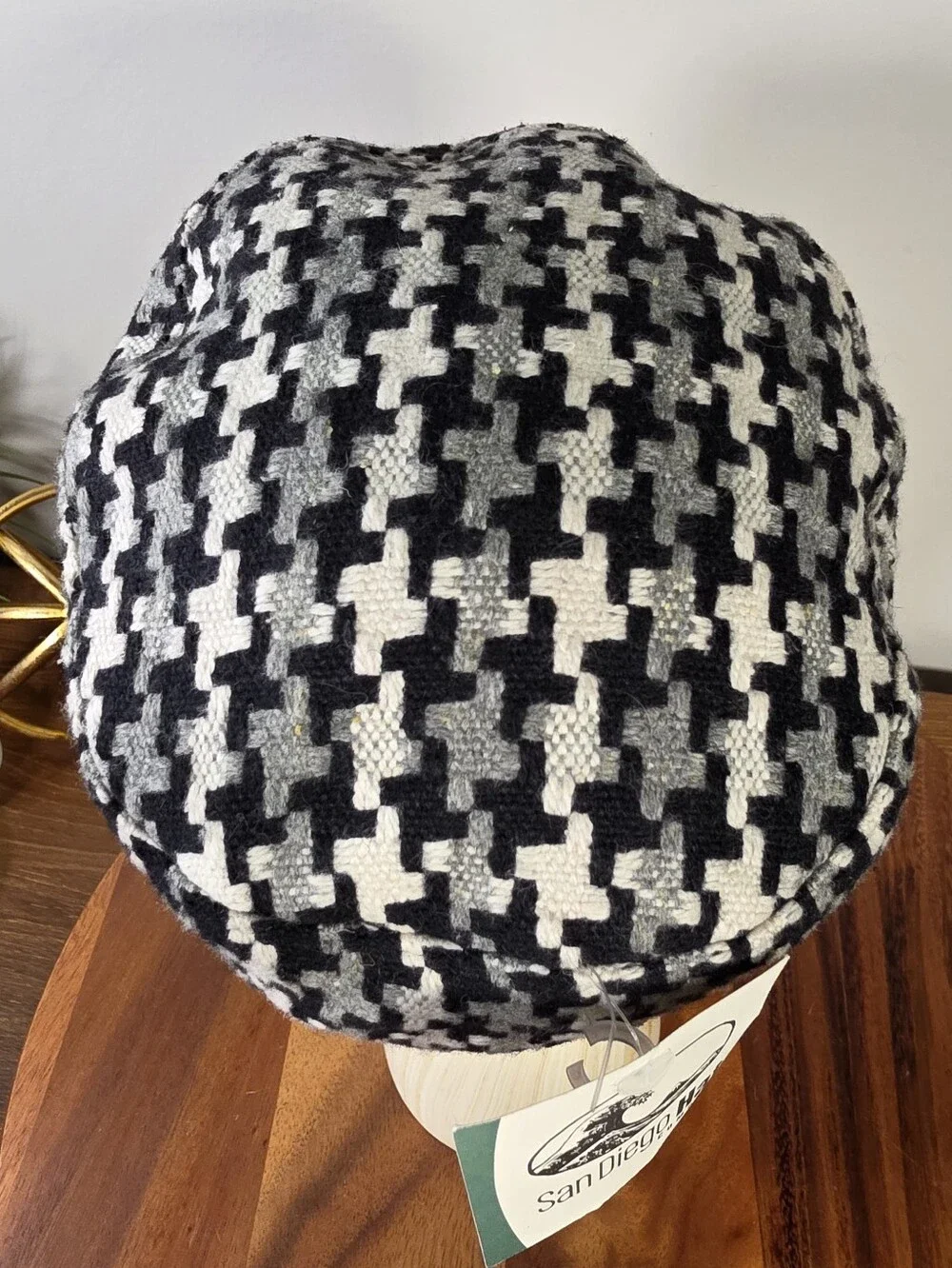 NEW San Diego Hat Company Black & White Houndstooth Cadet Hat Faux-Leather Band